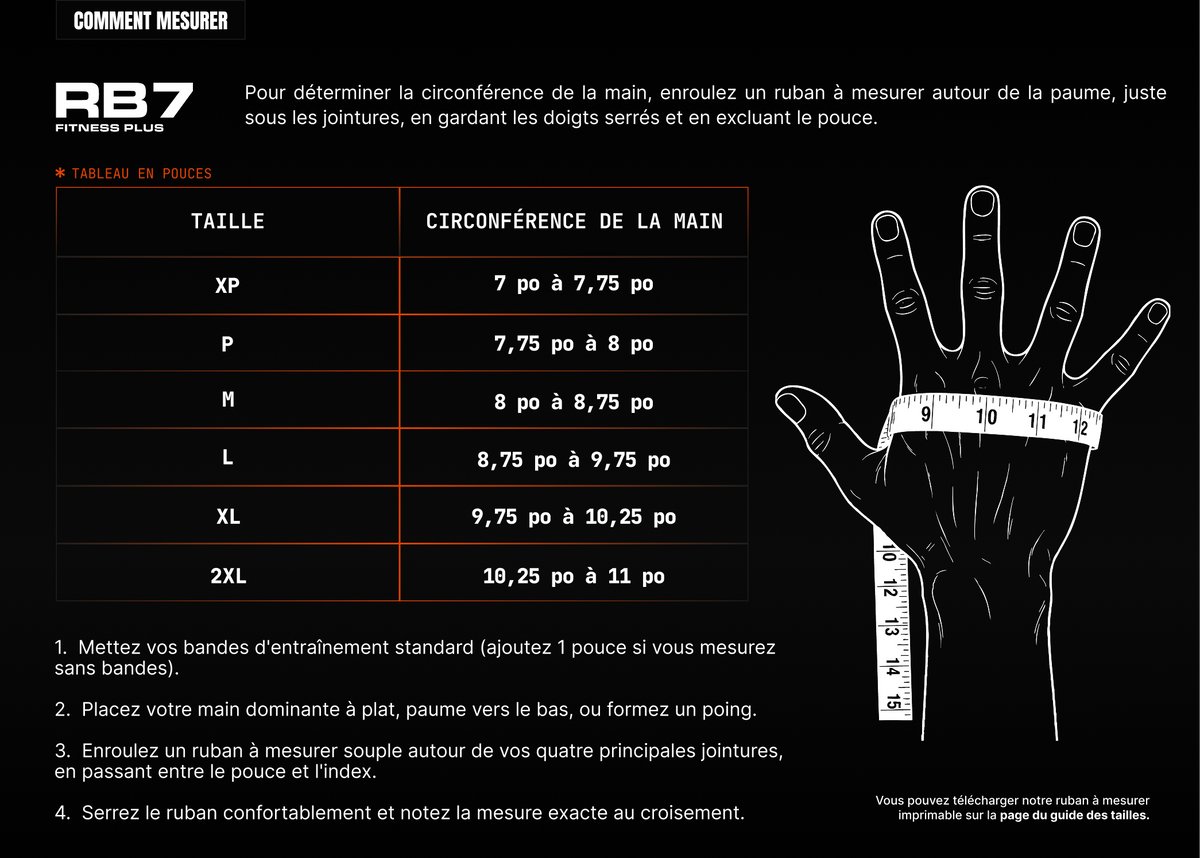 Rival RB7 bag glove size chart (desktop, French)