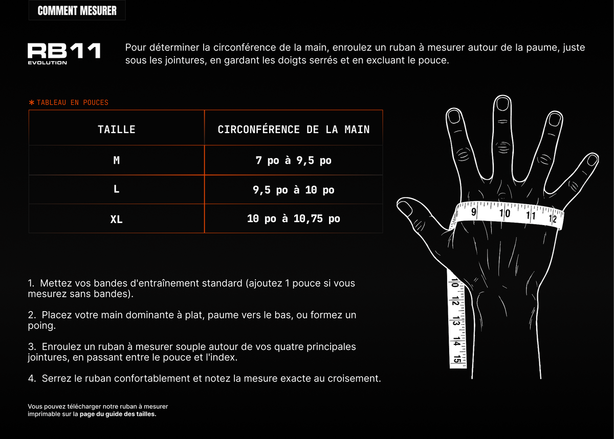 Rival RB11 bag glove size chart (desktop, French)