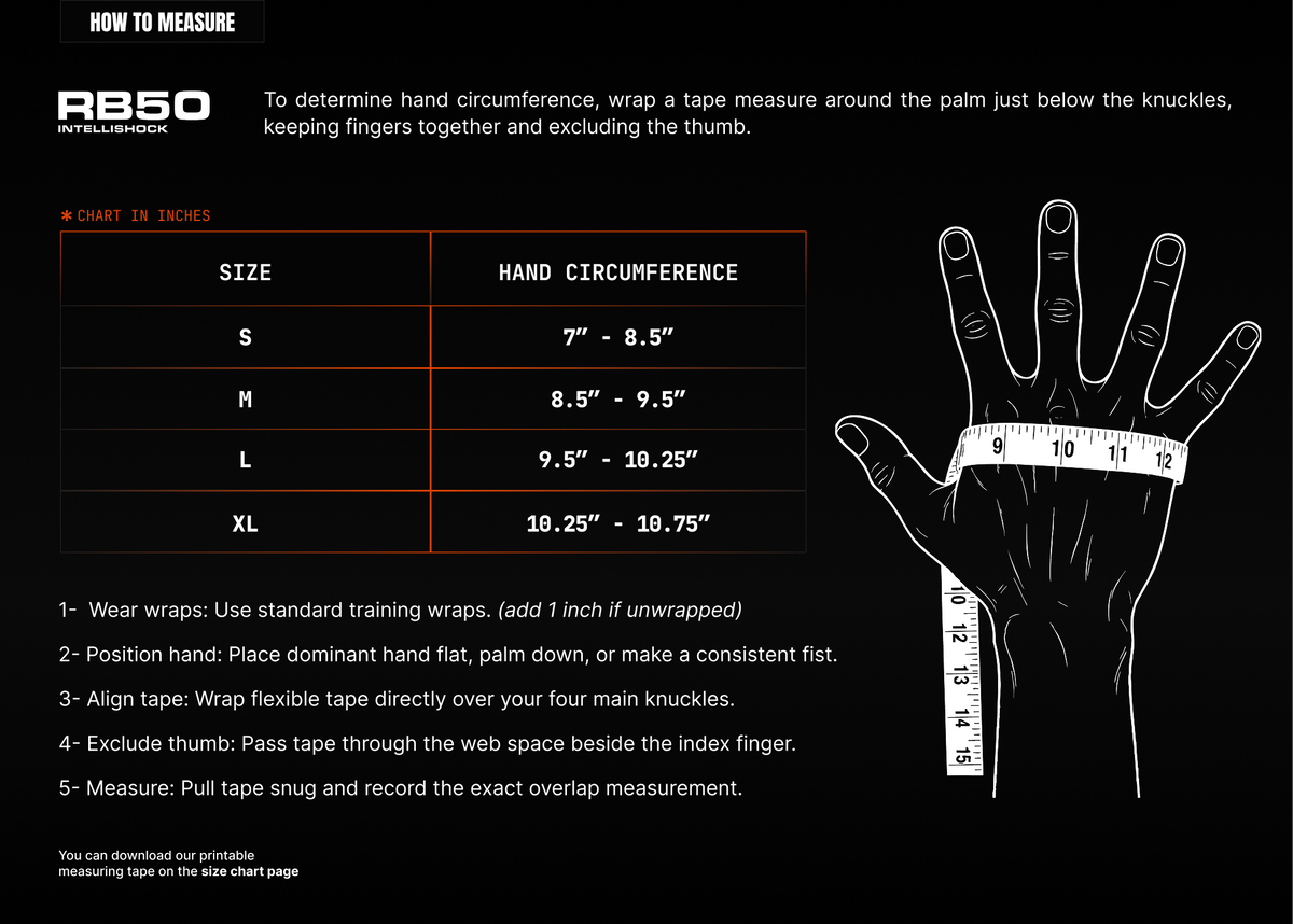 Rival RB50 bag glove size chart (desktop)